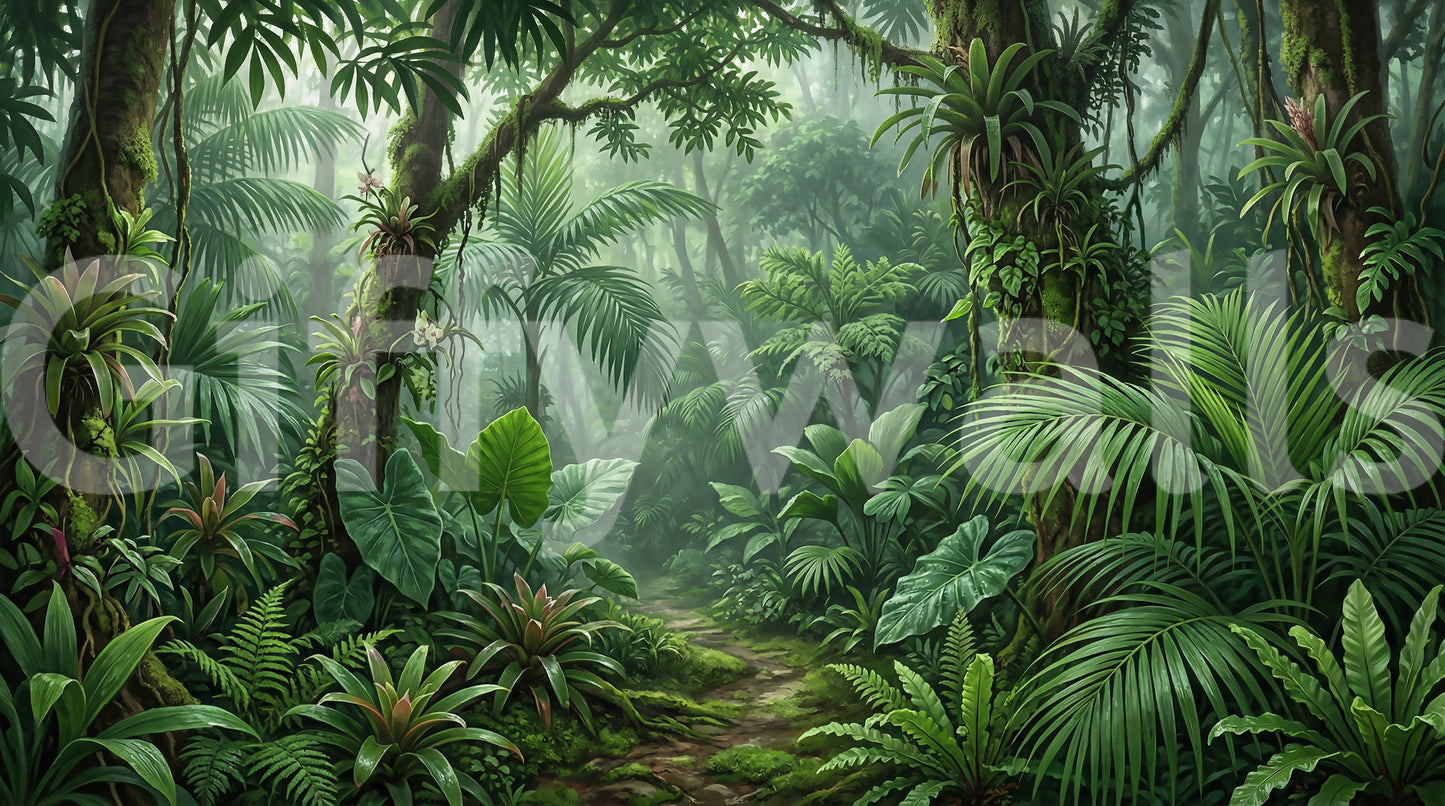 Tropical wall mural showing philodendron leaves and quiet dirt path