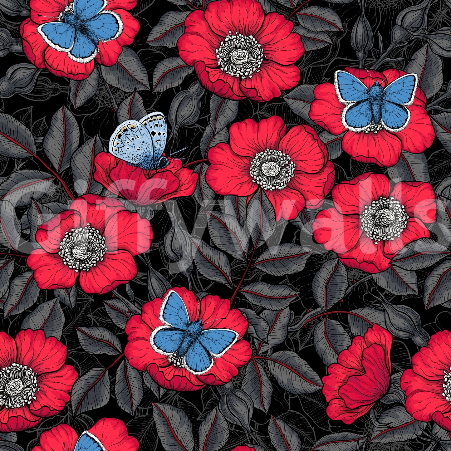 Repeating dog rose and butterfly motif over inked charcoal foliage wallpaper