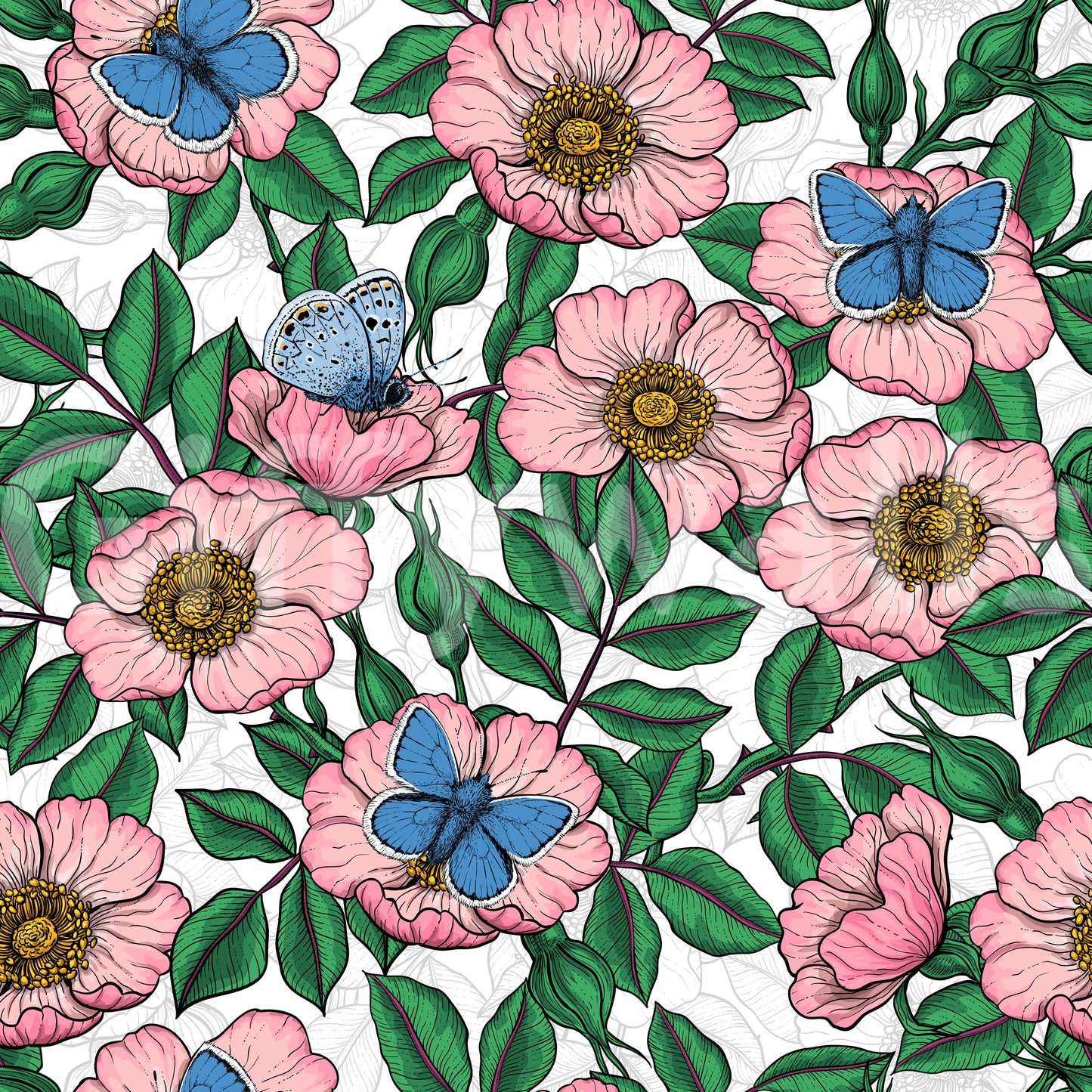 Pink petals and golden centers on Floral Dog Rose Butterflies wallpaper