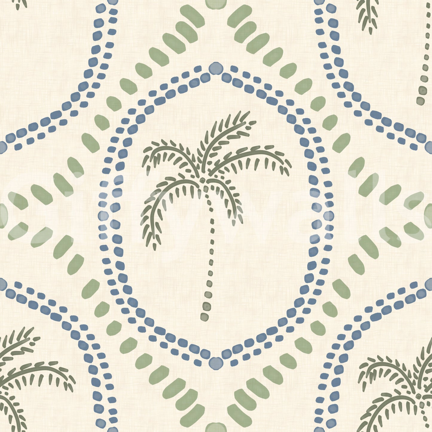Papier peint Oasis de palmiers bohème plage en bleu ardoise et vert côtier