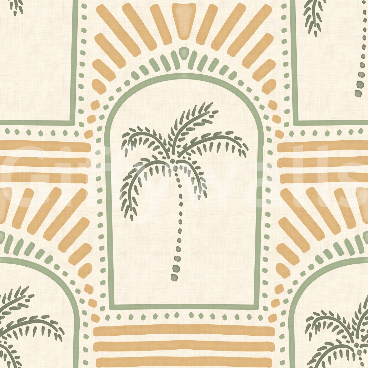 Tropisk Palm Art Deco Bågformade Motiver Kustgrön & Sand Tapet