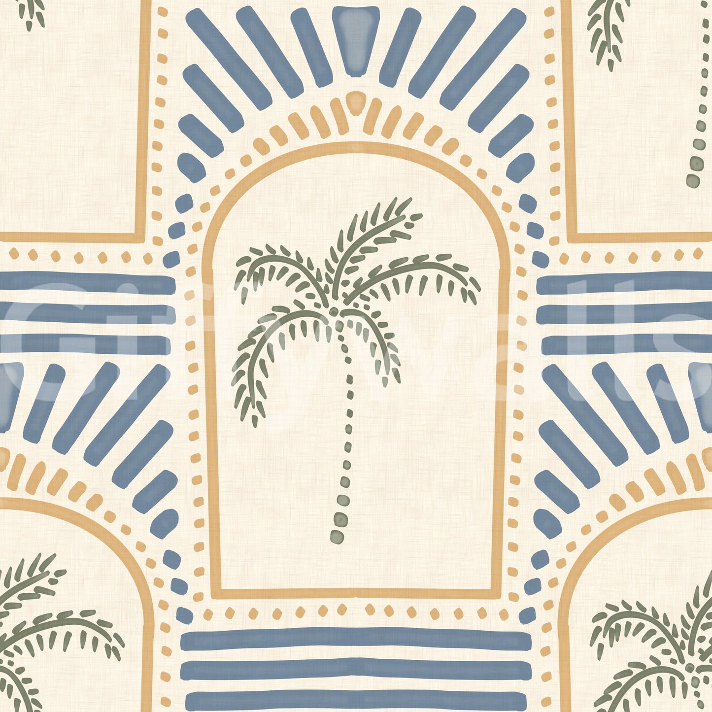 Papel pintado de arcos art déco con palmeras tropicales en arena y azul pizarra