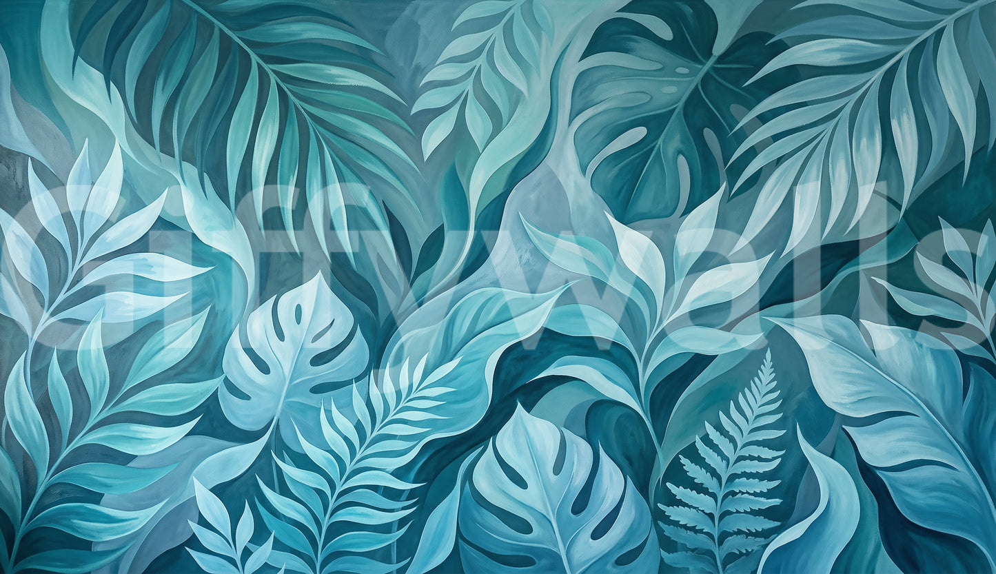 Sweeping palm fronds and ferns define the teal canopy in this wall mural