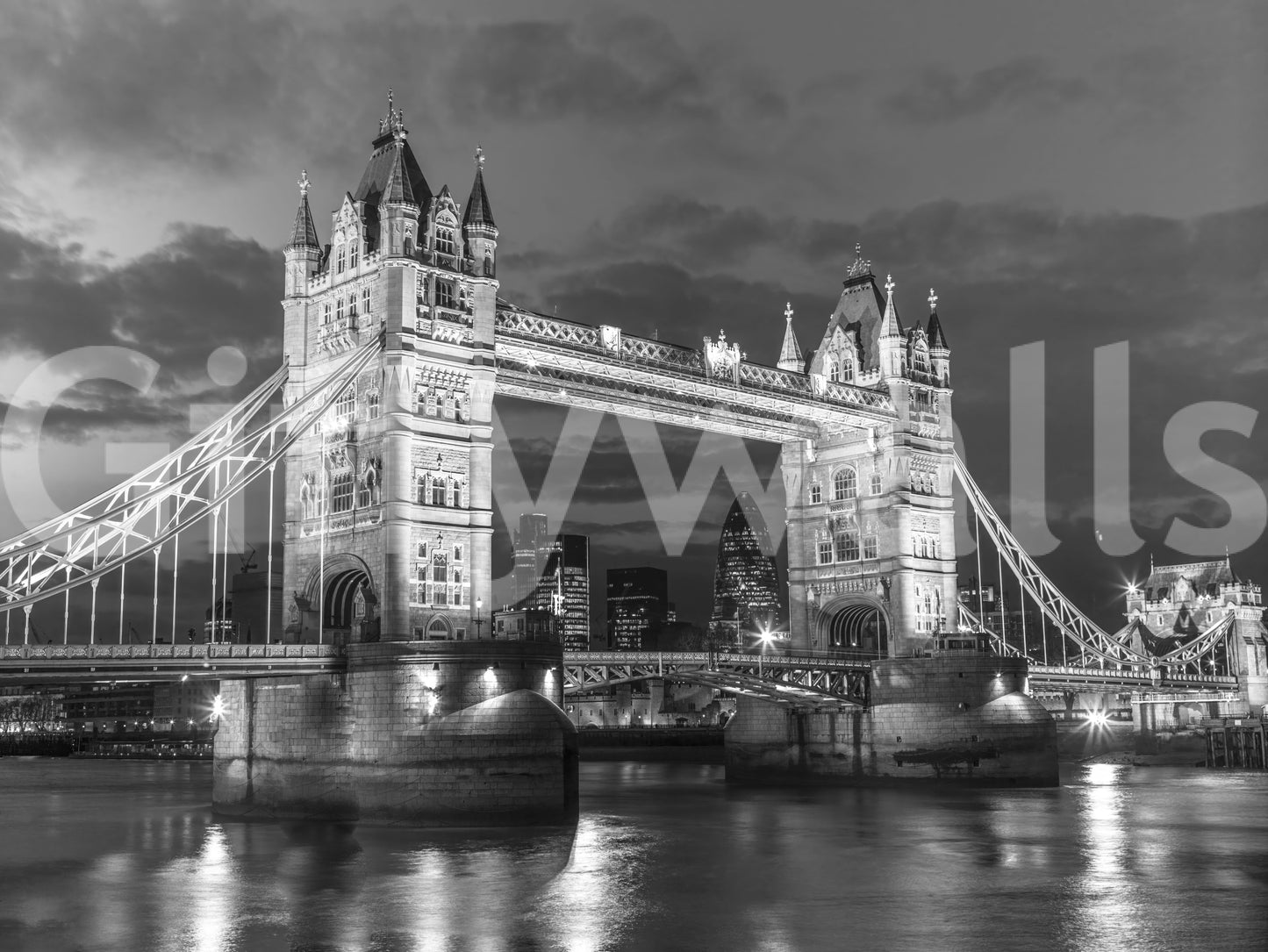 Deep contrast between glow and shadow defines this Tower Bridge wall mural