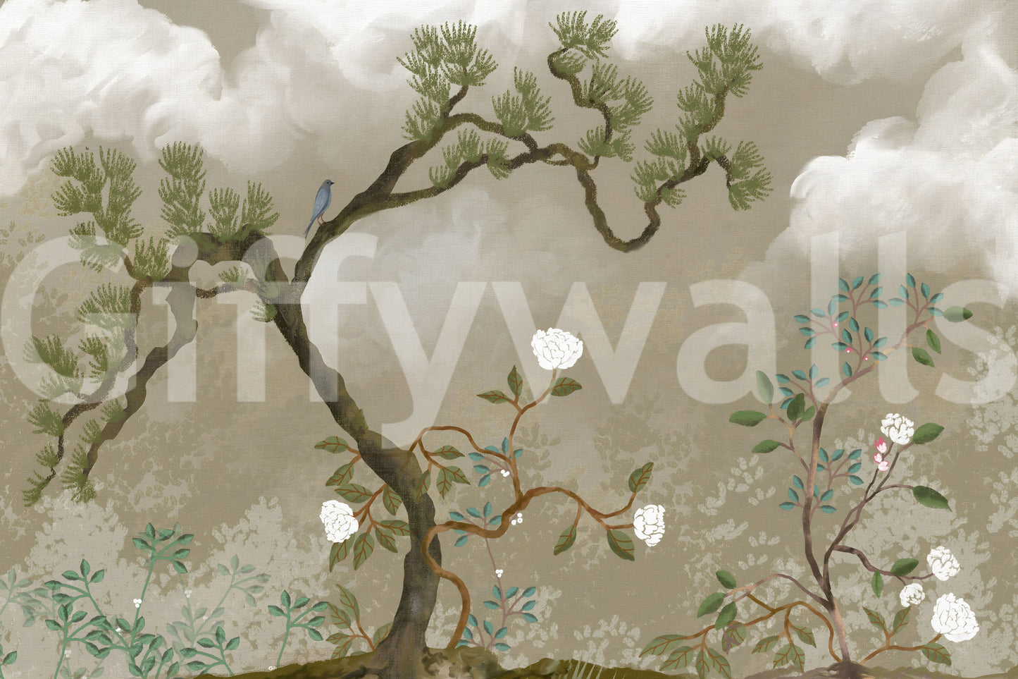Ruhiges Chinoiserie Wandbild mit Kiefern- und Weißblüten-Garten