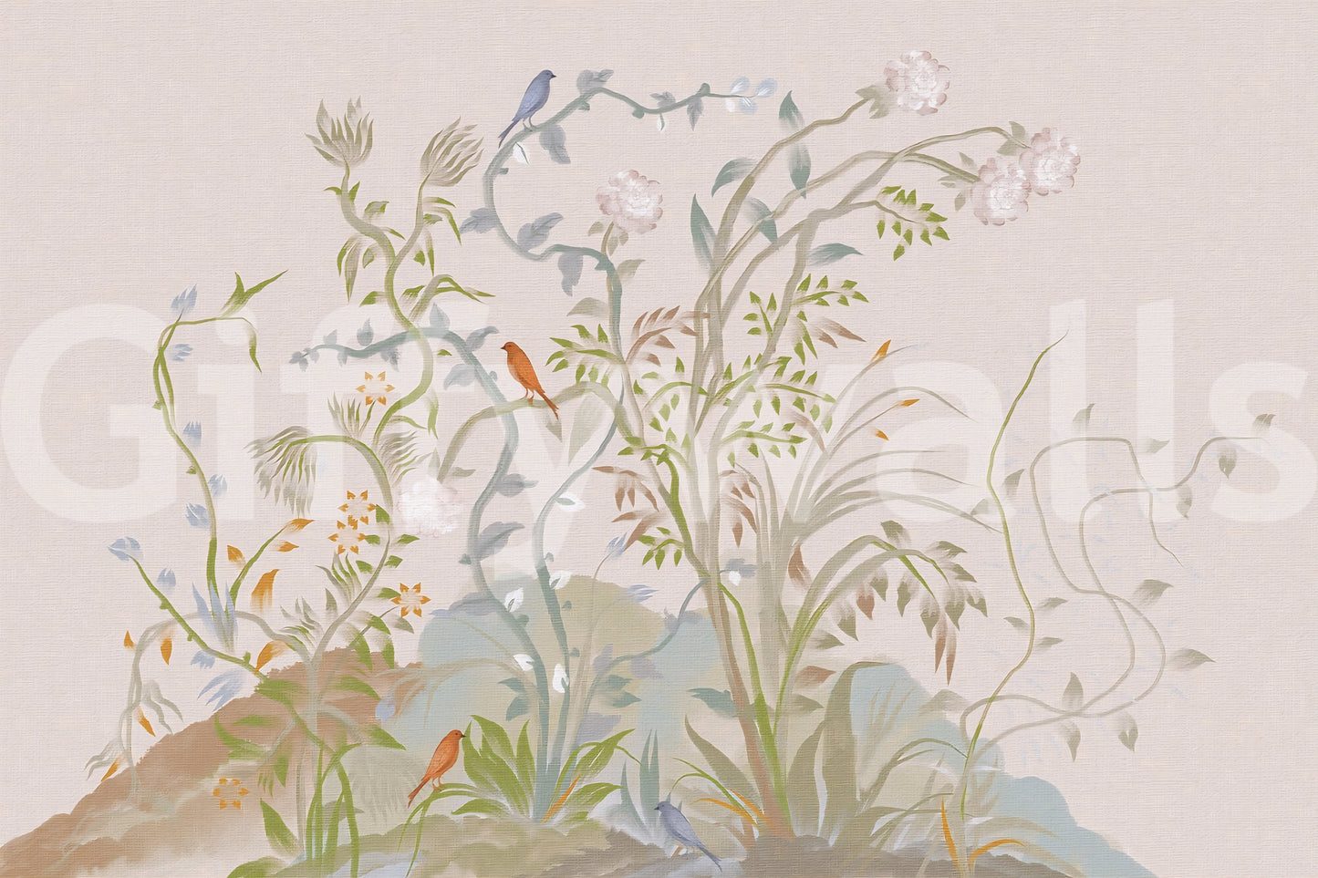 Whispering Vines & Chinoiserie Sangfugle Vægmaleri