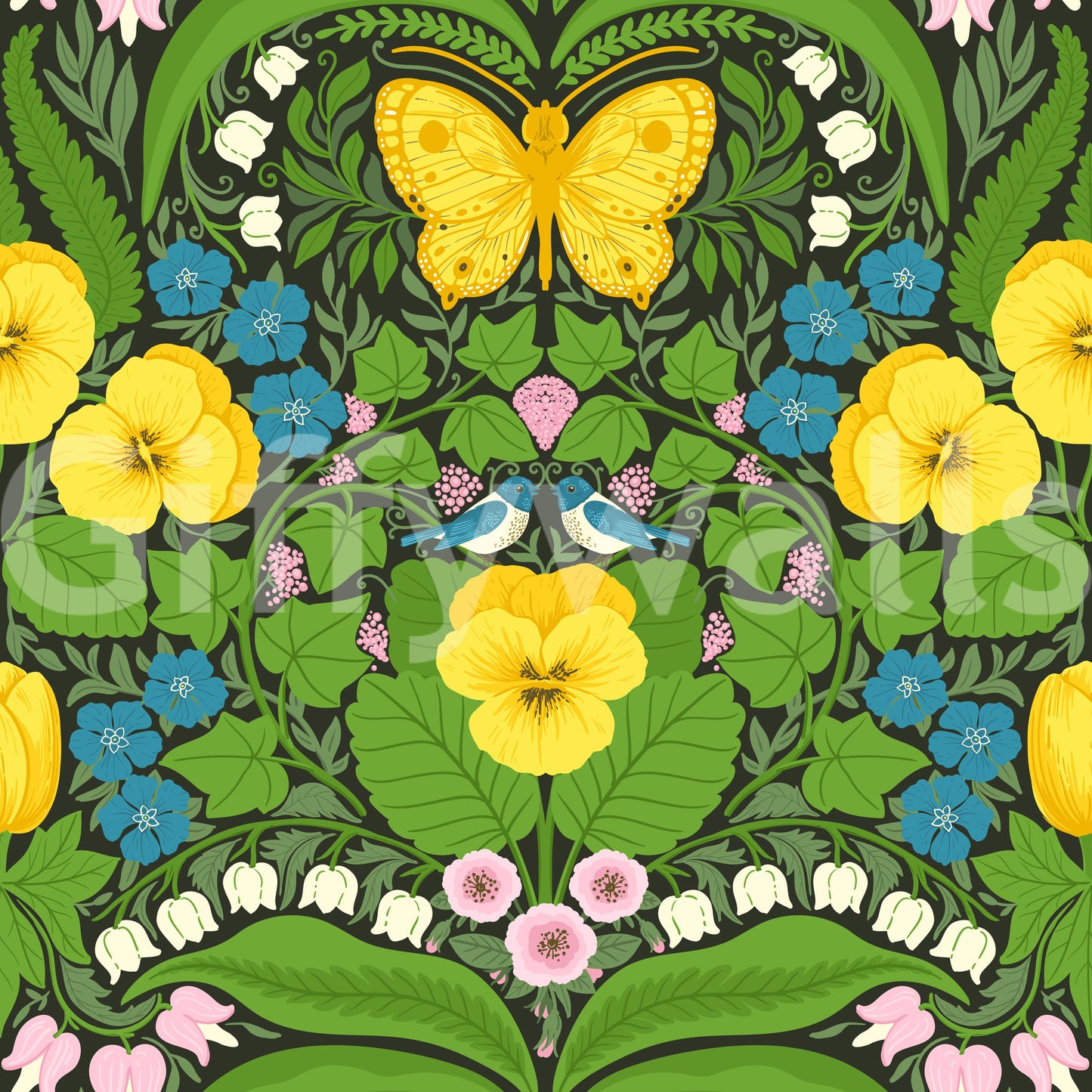 Giant golden insects sit perfectly centered within this botanical butterflies wallpaper.