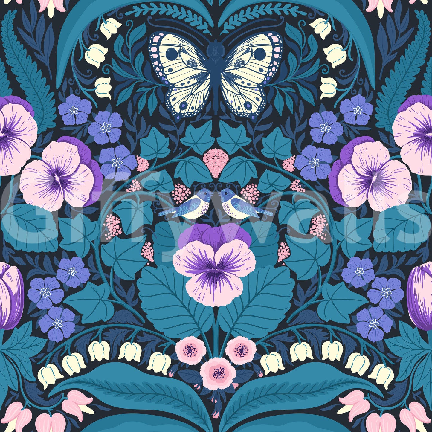 Midnight blue canvas provides intense contrast for the vibrant pansies wallpaper.