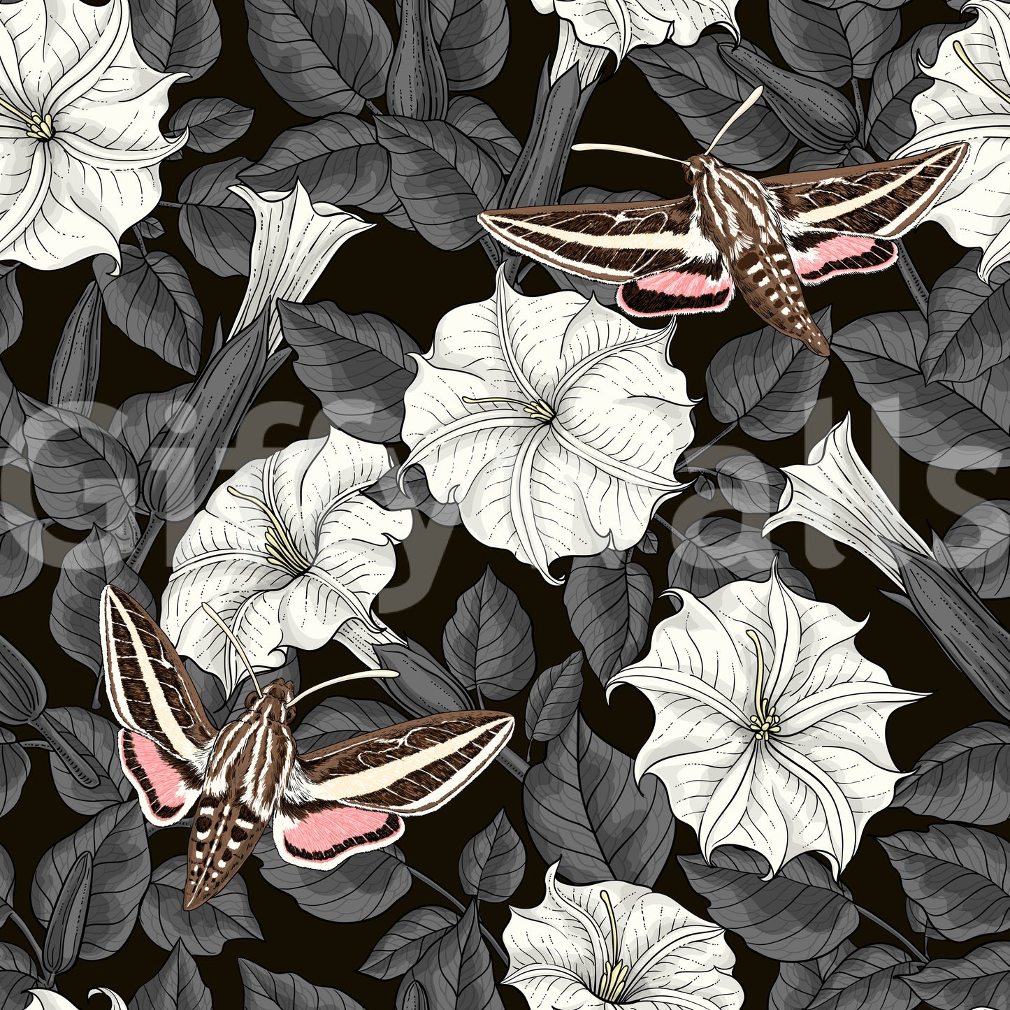 Soft pink accents highlight the sphinx moths in the Moonflowers and sphinx moths wallpaper.