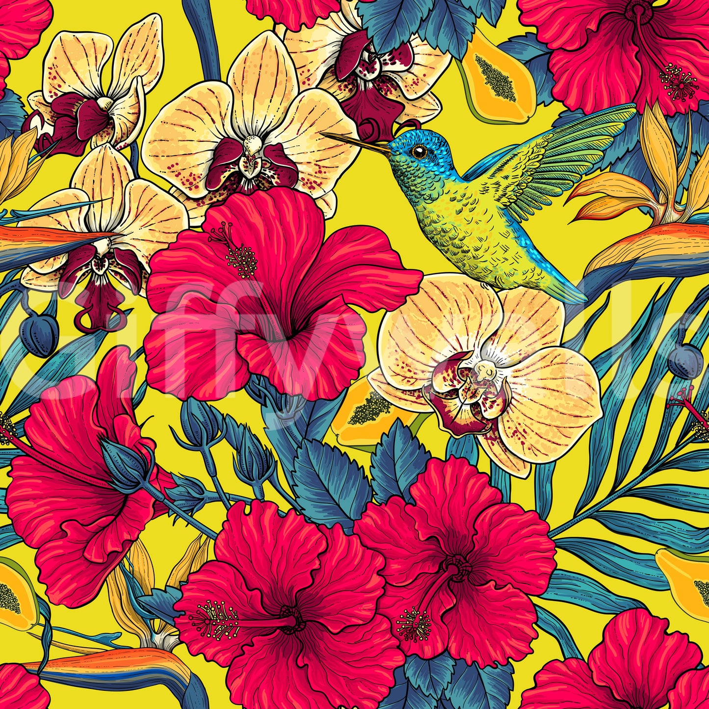 Flores Tropicales y Colibrí - Jardín Botánico de Verano 2 Papel Tapiz