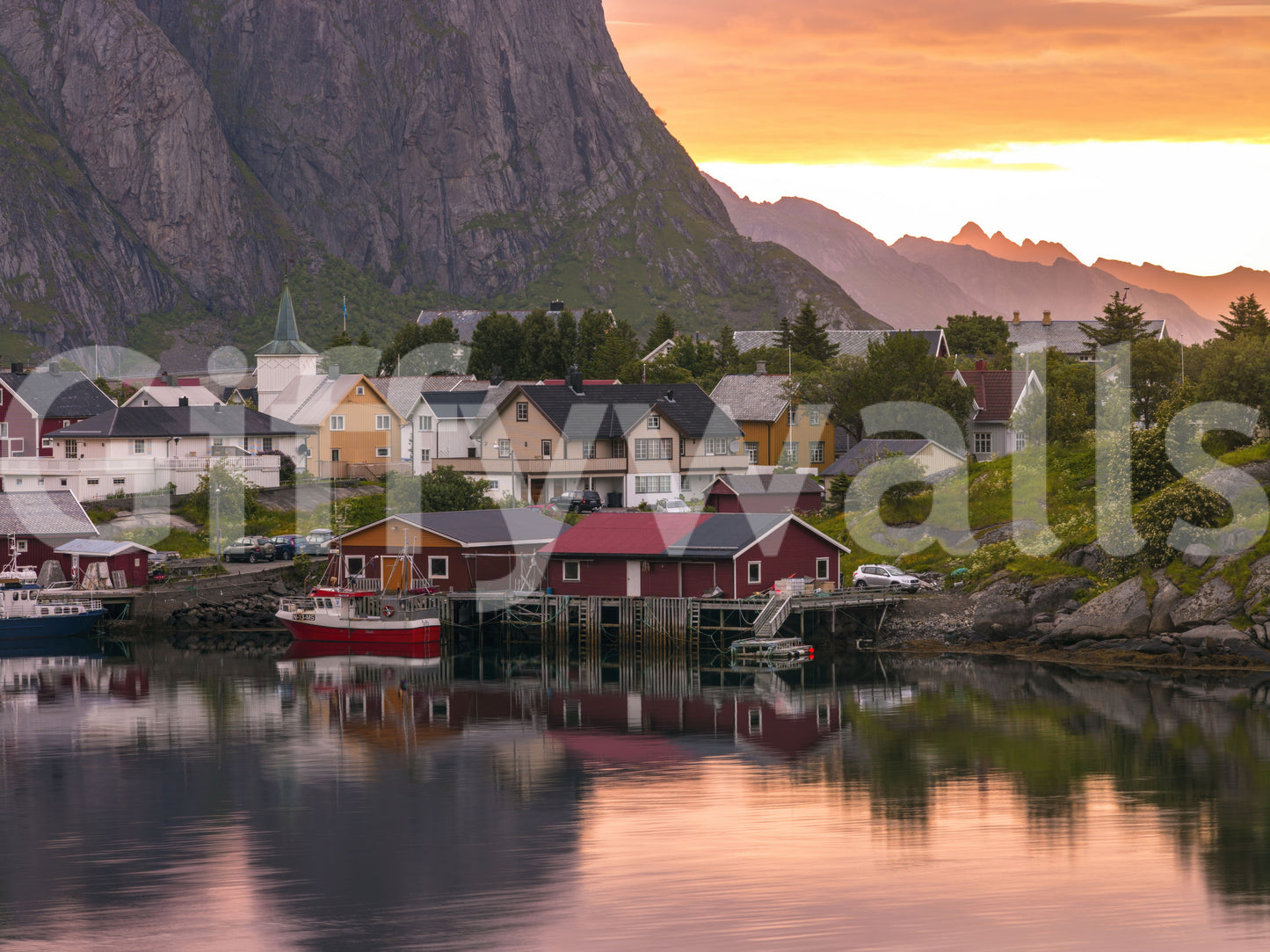 Mural de Pared Atardecer y Fiordo en el Pueblo de Lofoten