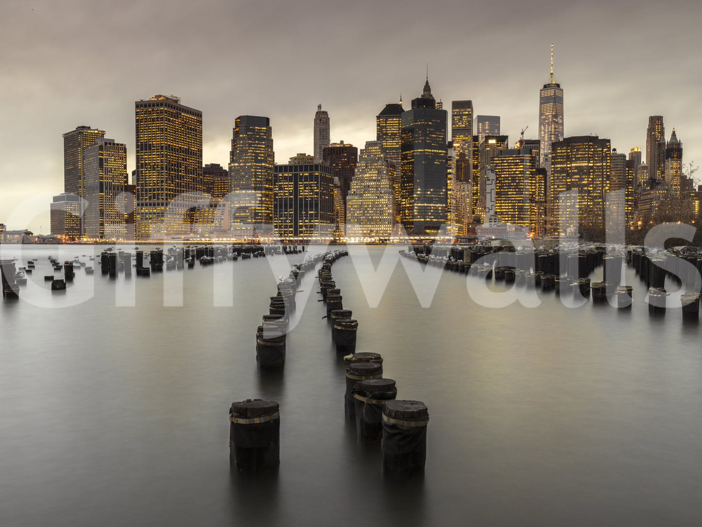 Charcoal towers in the NYC Urban Glow wall mural mix with amber window light