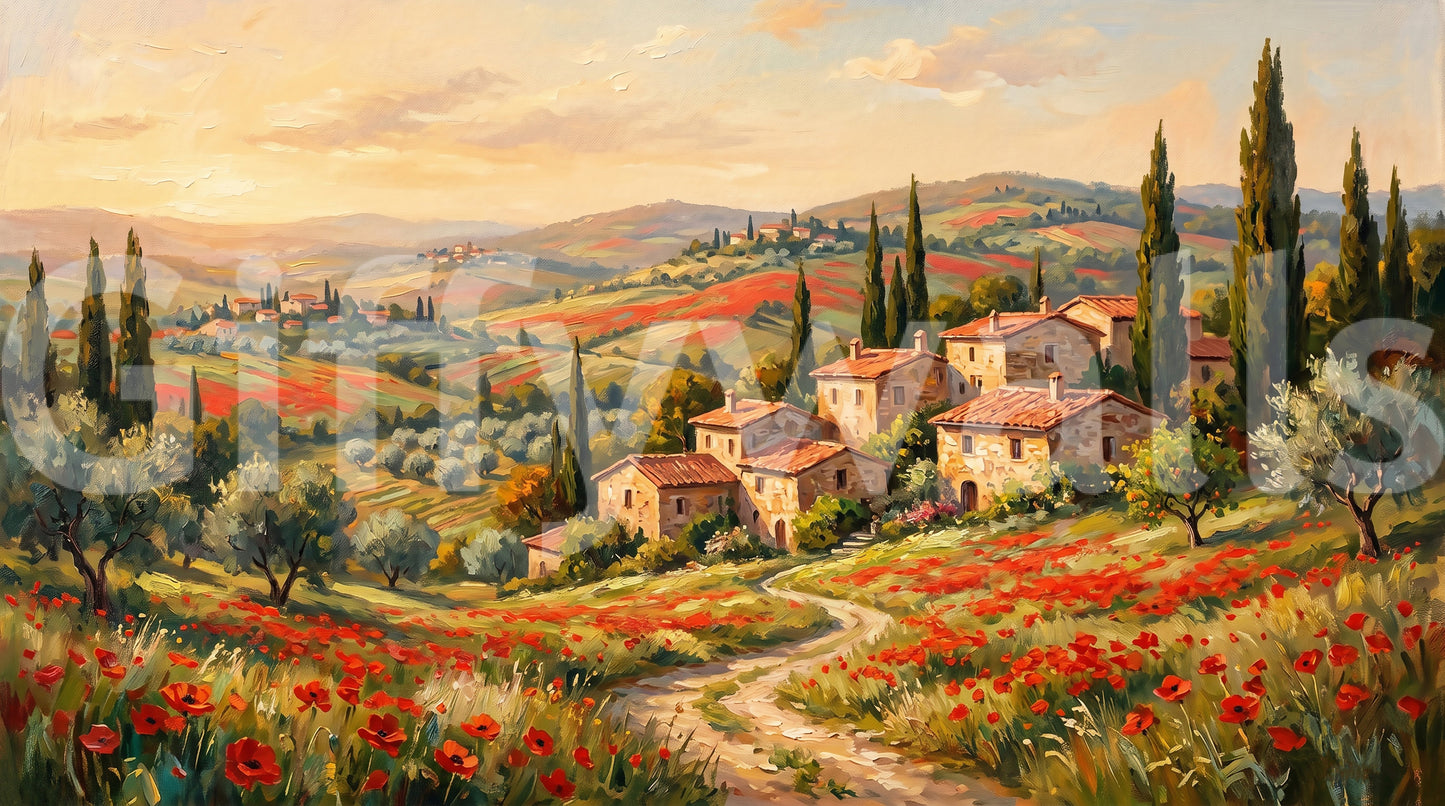 Mural panorámico de campos de amapolas toscanas