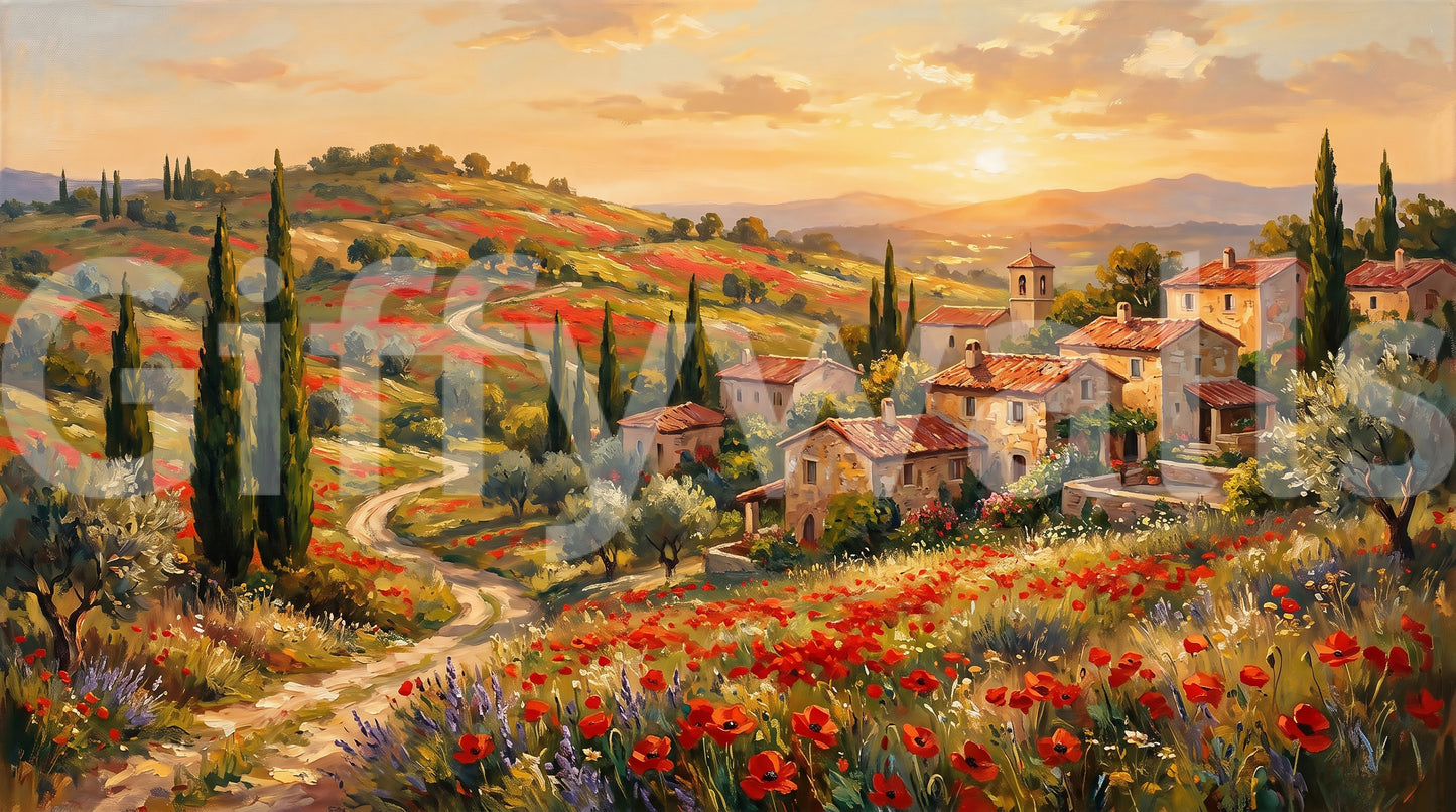 Tuscan Poppy Village Dusk Muurdecoratie