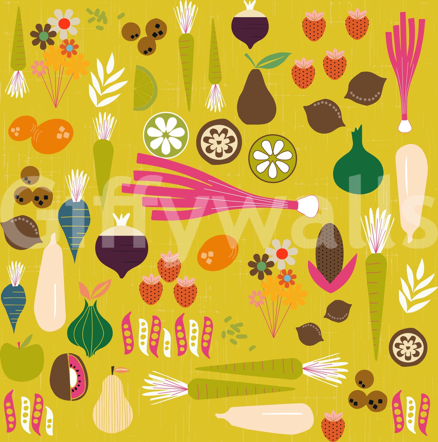 Vegetable wall wallpaper with playful harvest elements and warm colours