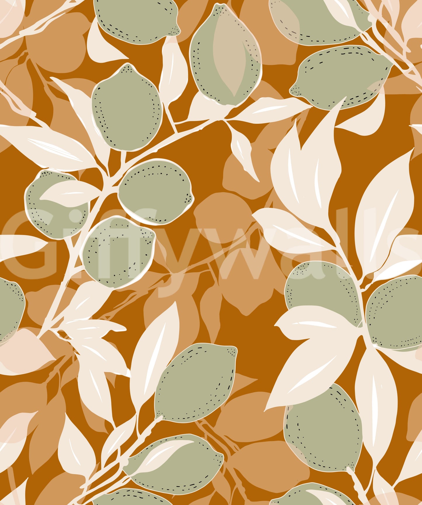 Lemon pattern wallpaper with sage shapes and cream botanical accents