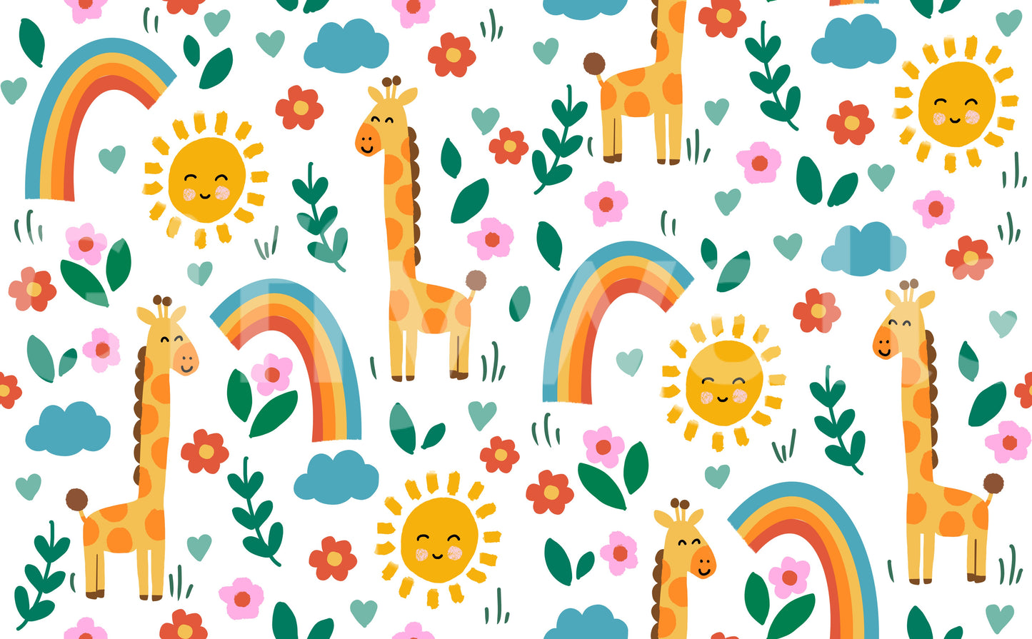 Cute giraffe wallpaper pattern with rainbows, suns and flowers