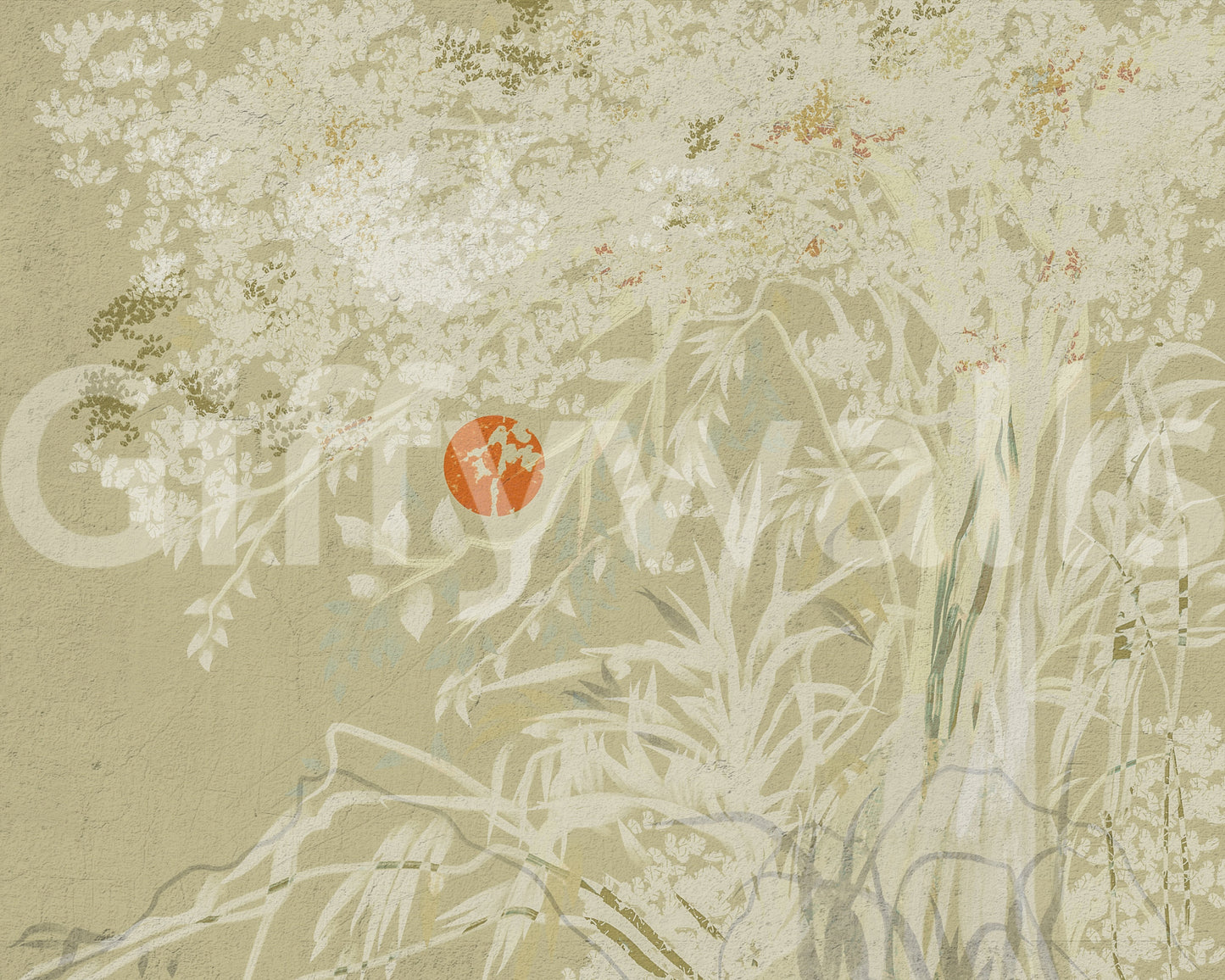 Zen landscape wall mural showing elegant foliage and a quiet neutral palette