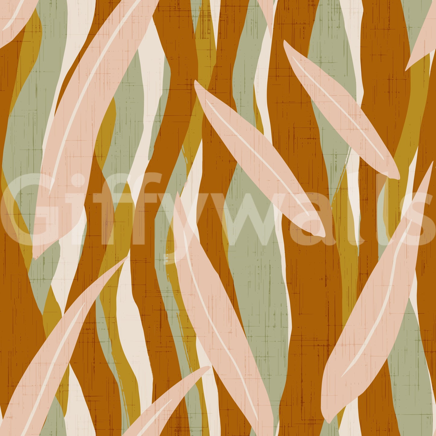 Organic stripe wallpaper with leaf silhouettes, blush detail, and olive tones