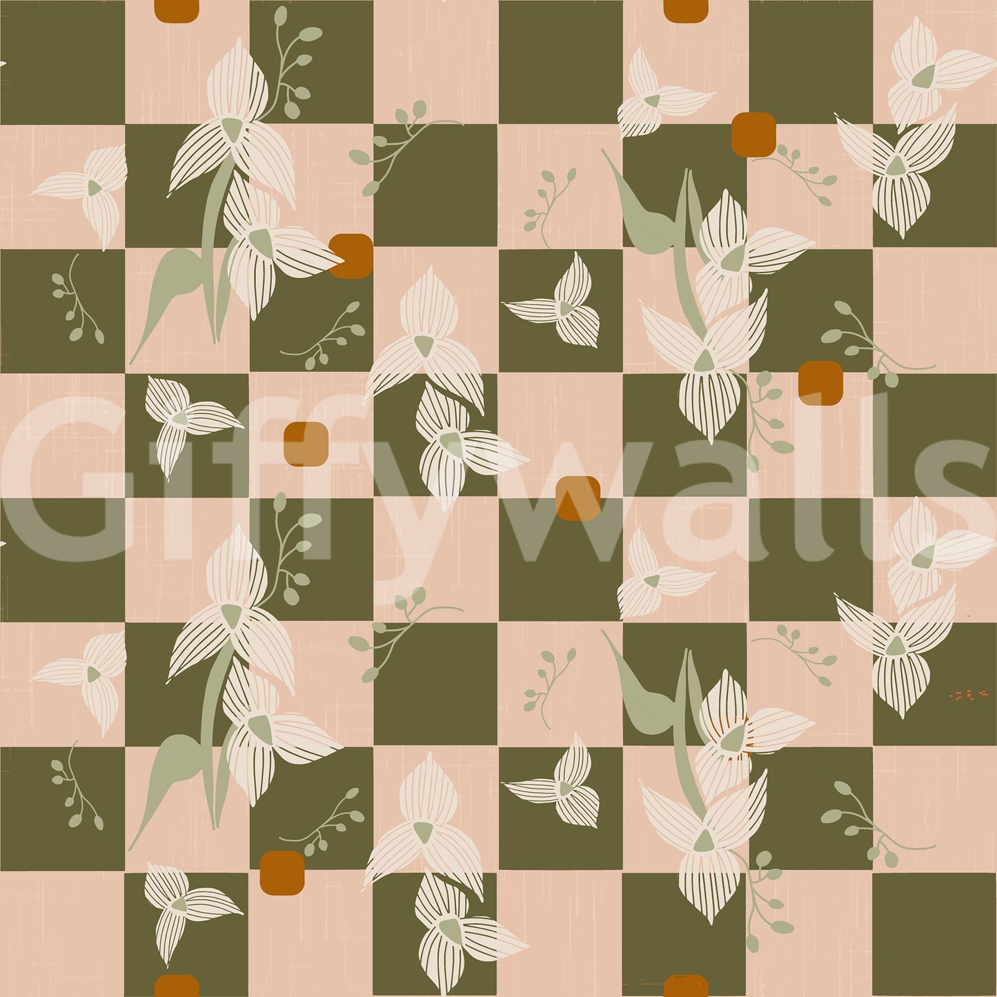 Checker pattern wallpaper with vintage floral details and muted blush tones