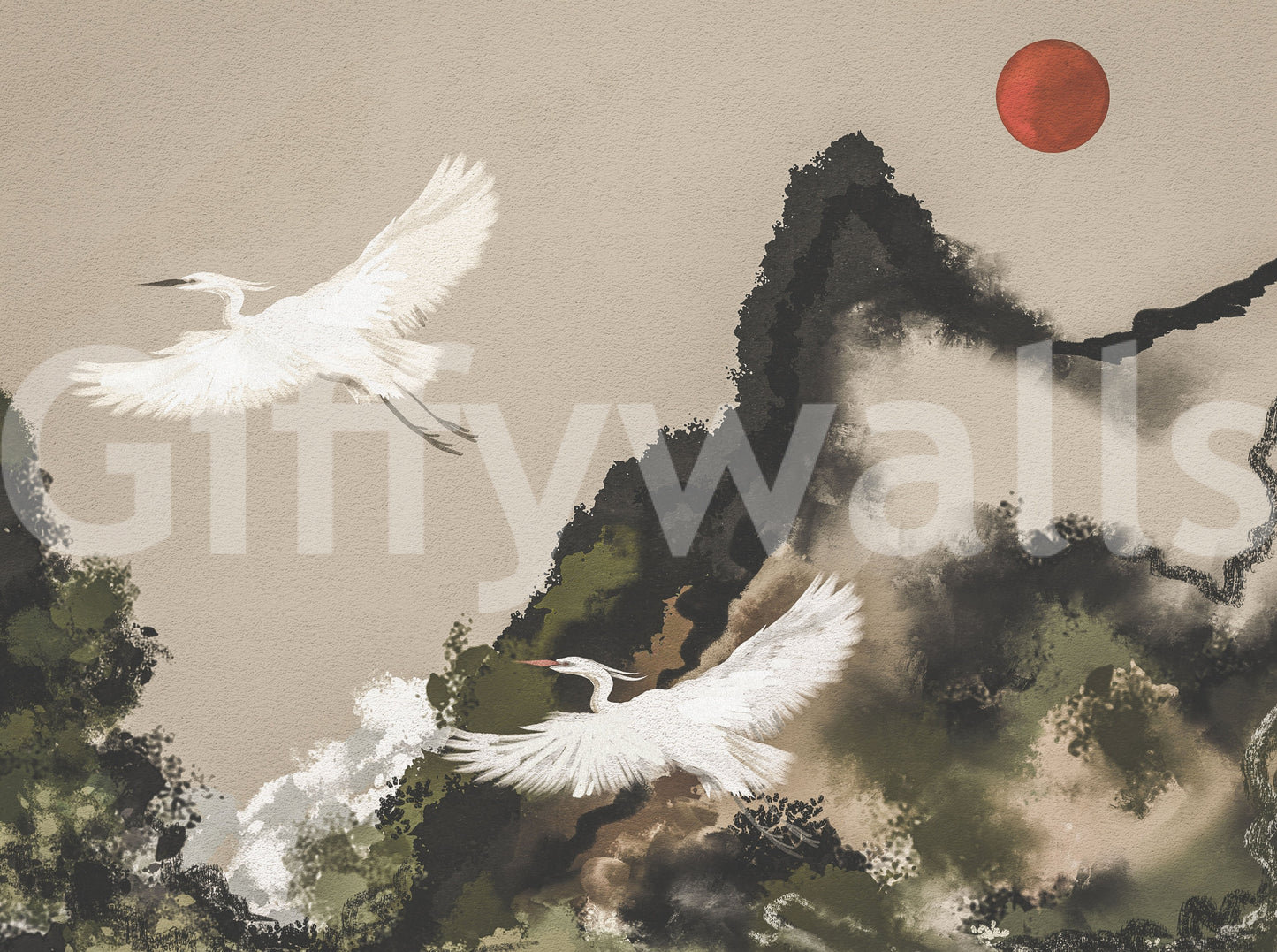Ink Wash Sumi Japanse aquarel landschap met kraanvogels en zon muurschildering