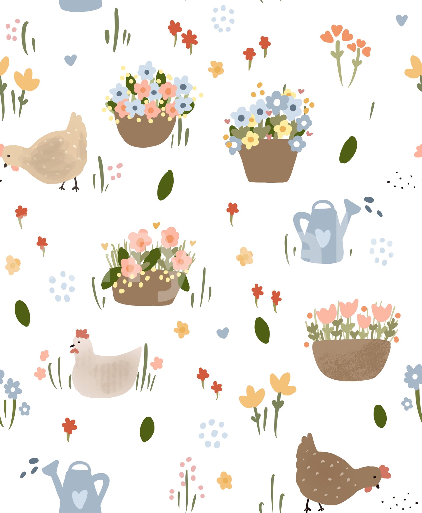 Patchwork-style wallpaper with hens, blooms, and soft decorative details