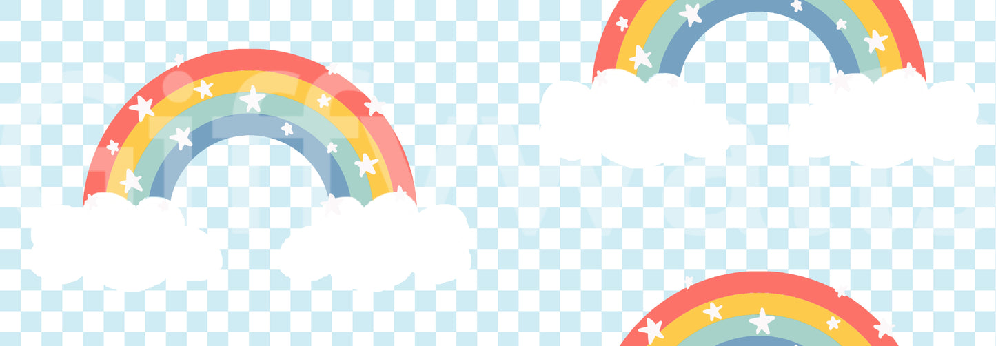 Yellow and sage stripes layer inside each rainbow on the wallpaper