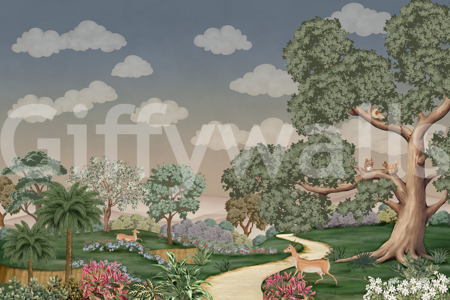 Cottagecore florals and woodland trees build the Enchanted Forest Path Wall Mural feel.
