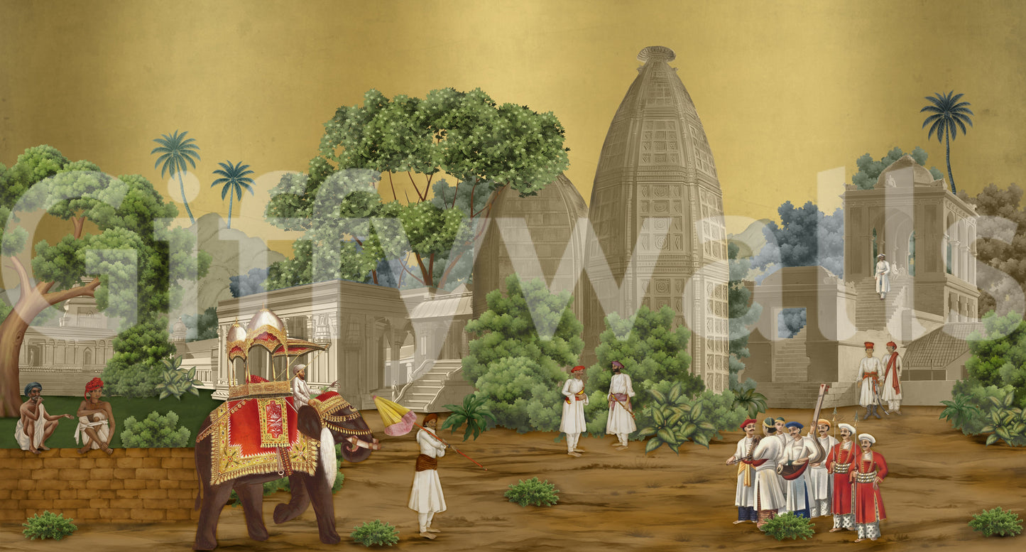 Dense green canopies frame historical architecture on this unique Procession wall mural.