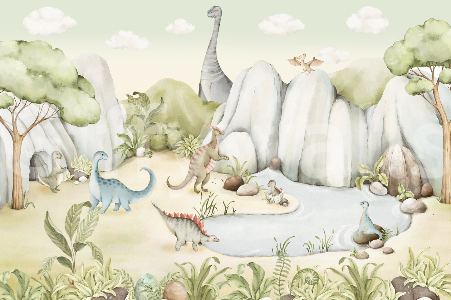 Aquarell Dino Welt Wandbild