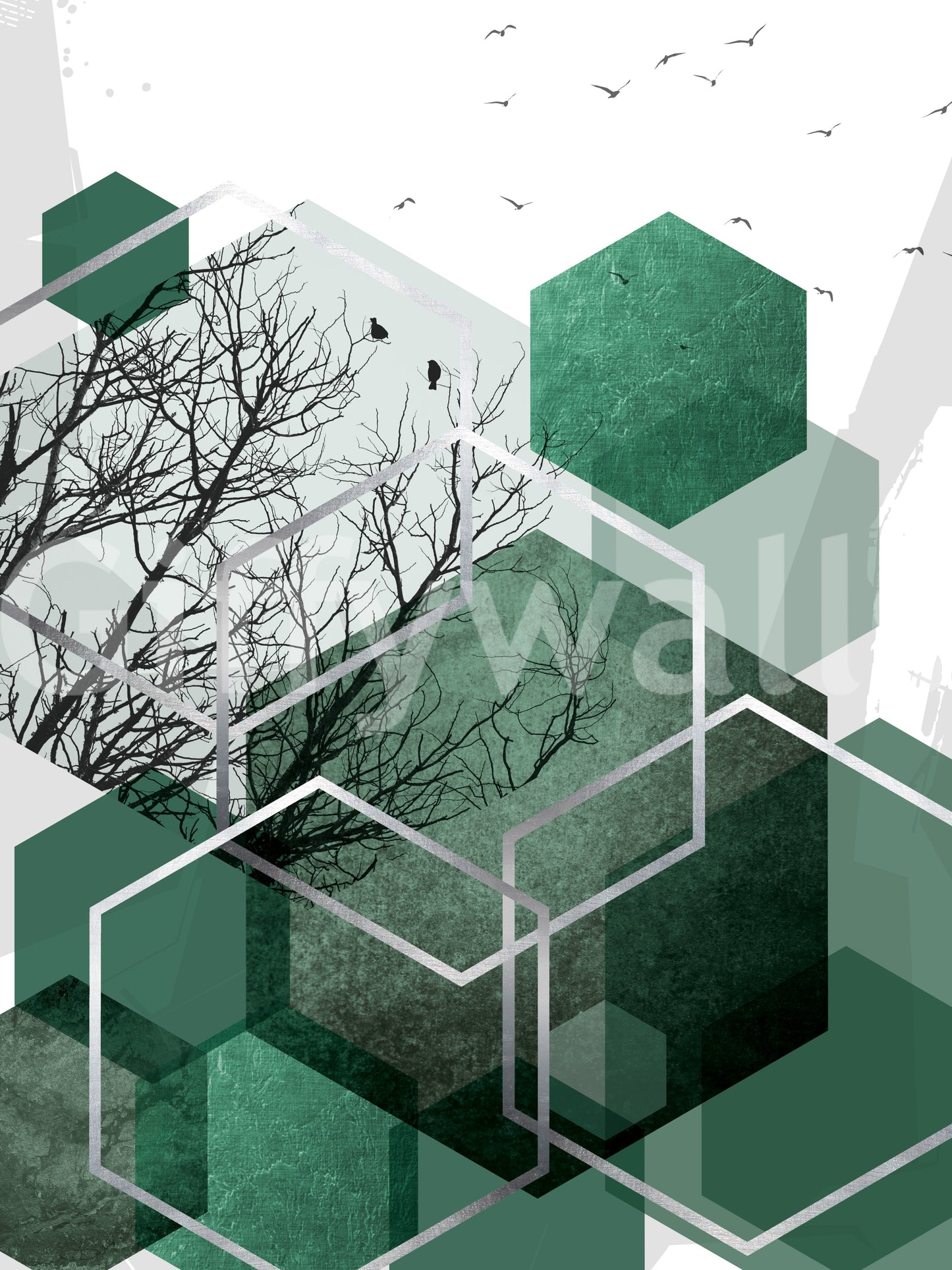 Layered forest-green hexagons form the core of this geometric wall mural