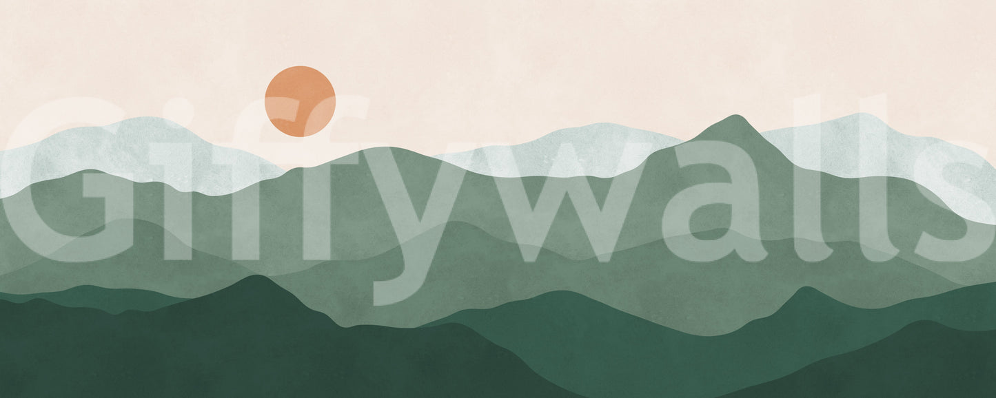 Minimalist boho mountain scene shown on the Green Peak Sunset wall mural