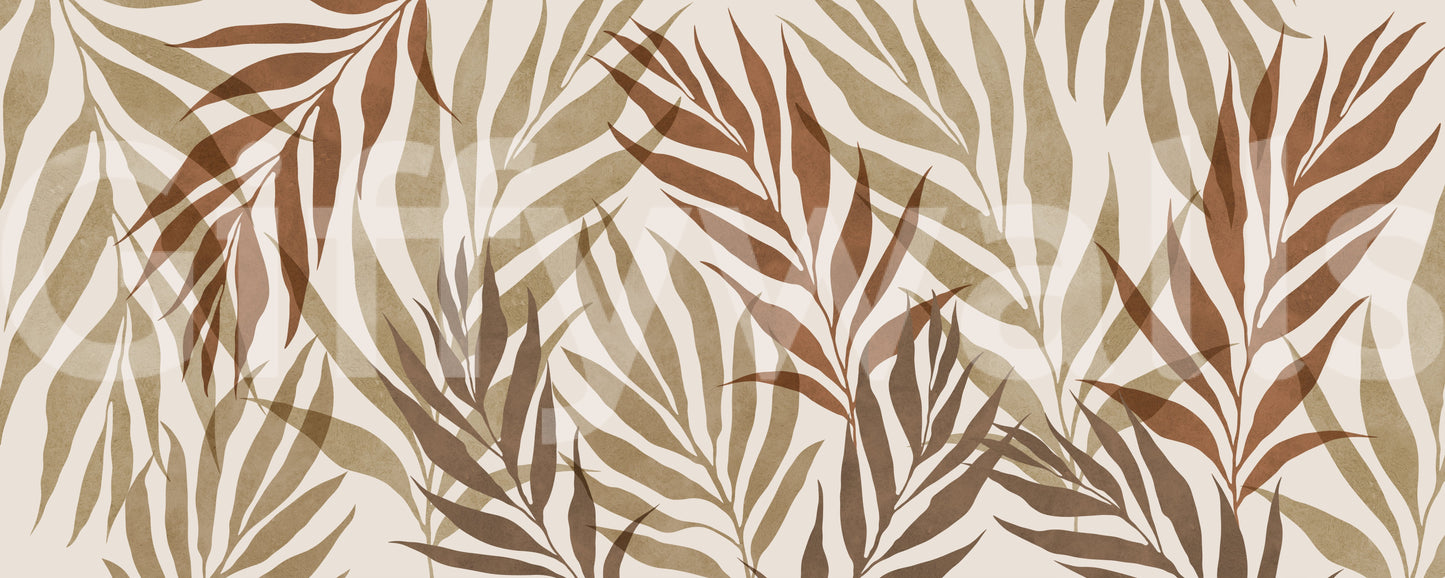 Neutral leaf wall mural showing soft botanical layers and warm brown tones