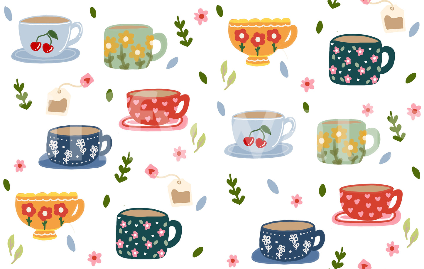 Papel de Parede com Chávenas de Café e Flores