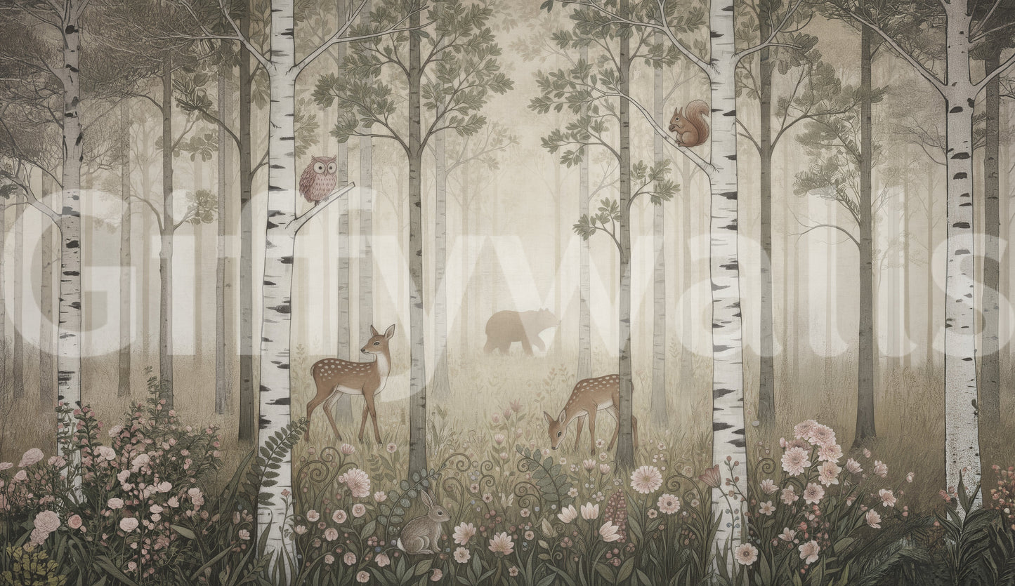 Animaux de la forêt et fleurs sauvages – Fresque murale Jour brumeux