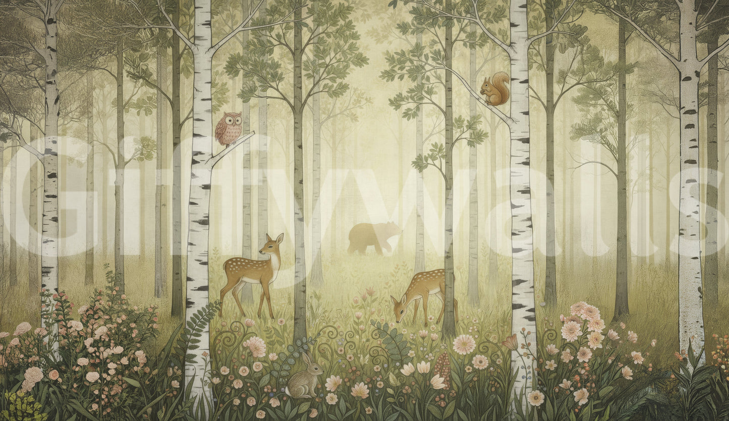 Animaux de la forêt et fleurs sauvages – Fresque murale d'été