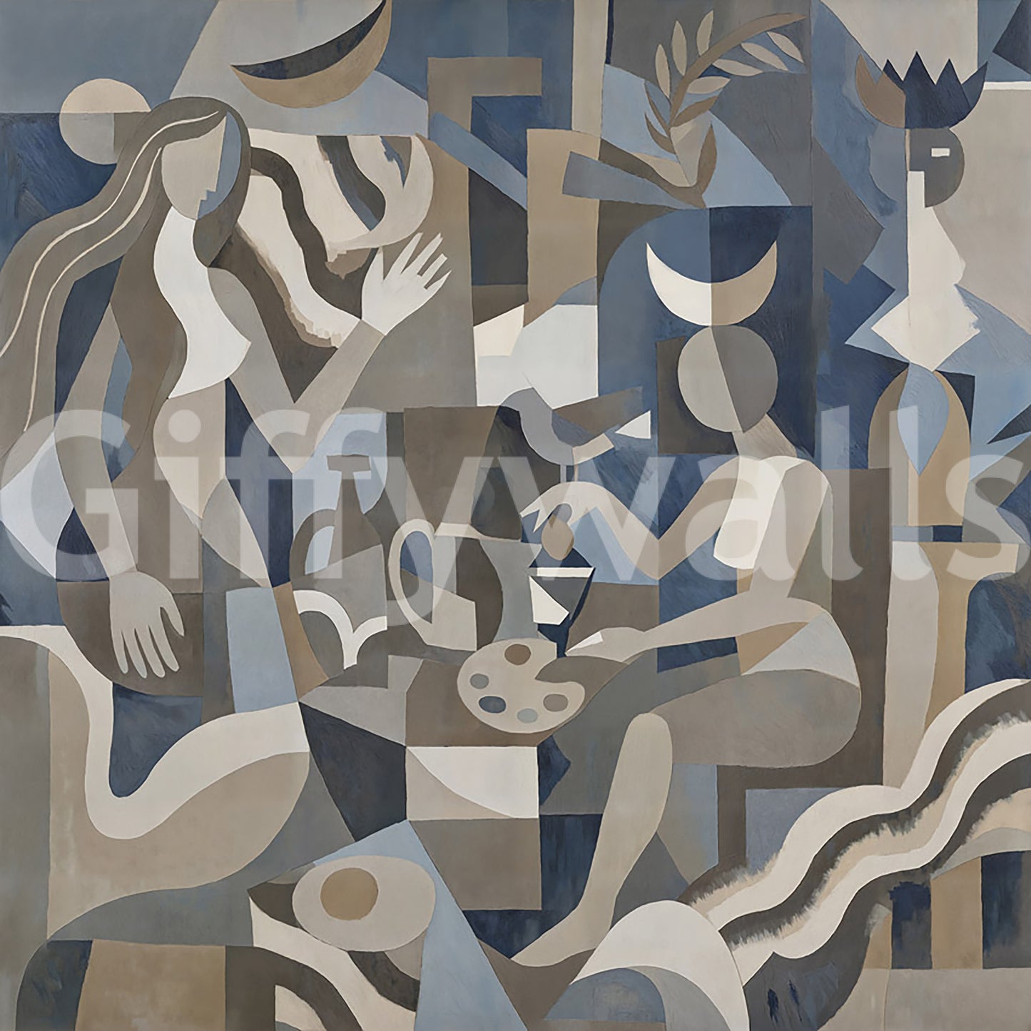 Flowing silhouettes interlock with geometric panels in the Lunar Eclipse wall mural.
