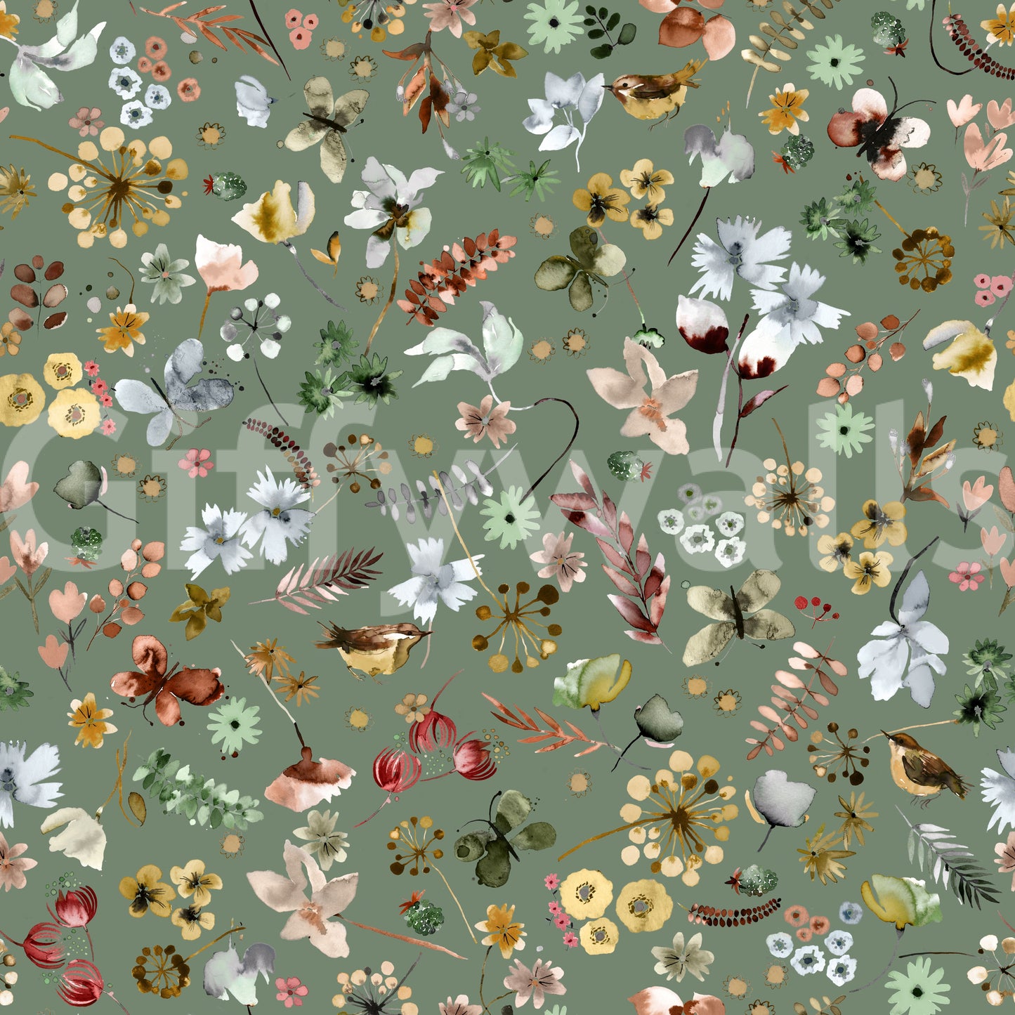Berries and dandelions sit between watercolor wrens on this wallpaper.