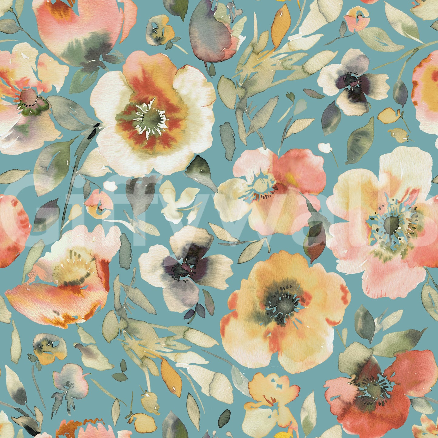 Soft Watercolor Floral Blooms Teal Peach Wallpaper