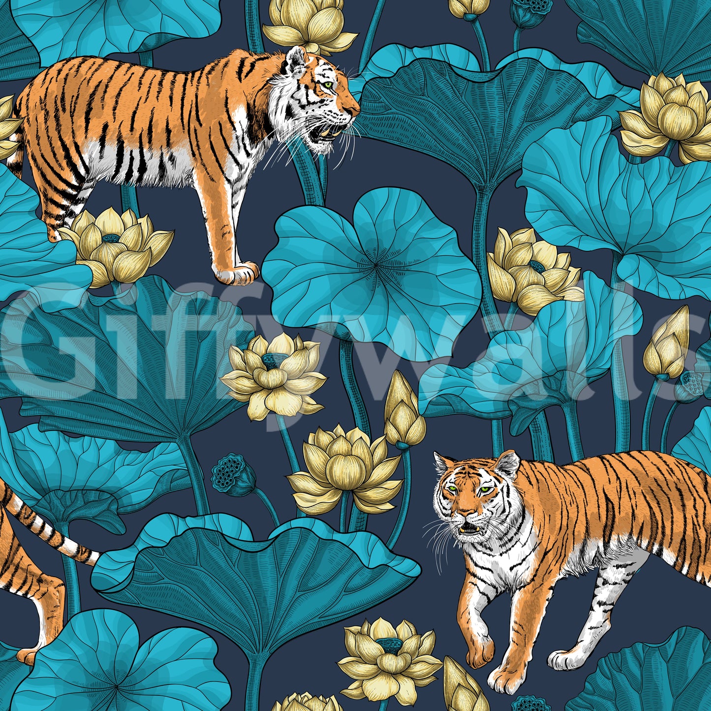 Wildlife lotus wallpaper showing tigers, blue pond leaves, and pale blooms