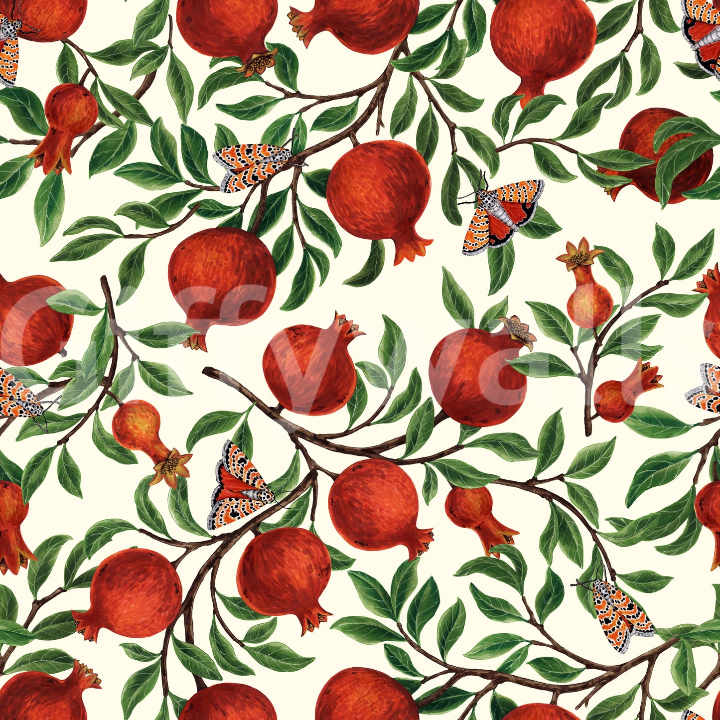 Crimson clusters dot the Pomegranate Orchard wallpaper between fluttering moths.