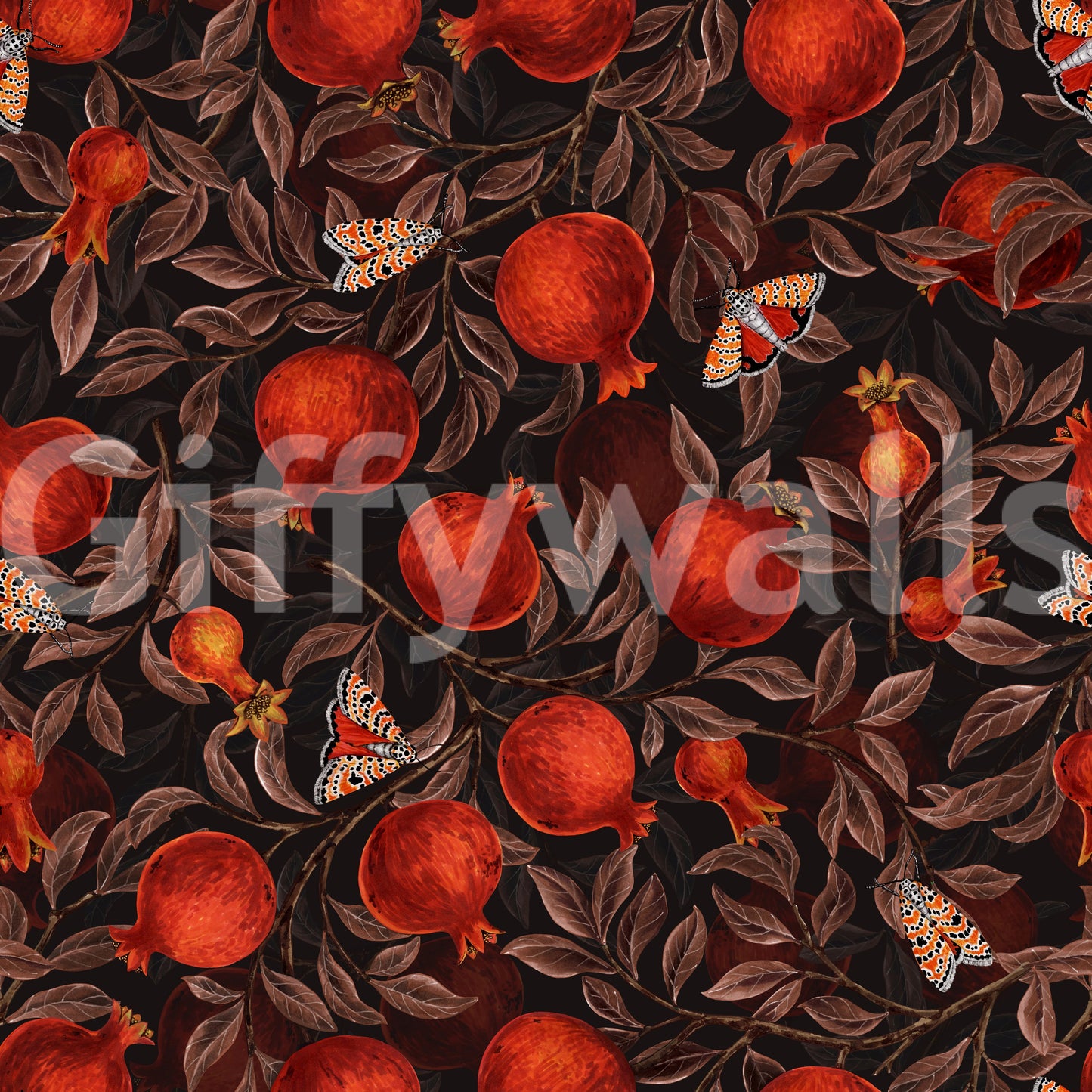 From each large fruit, painted detail expands through the Pomegranate Nocturne wallpaper.