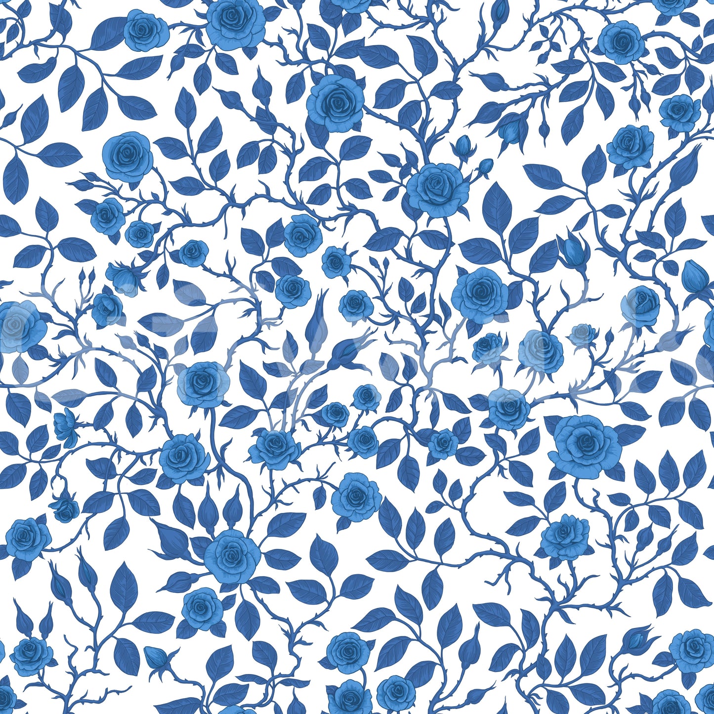 Dense rose clusters dot a wide field in Wild Roses Blue and White wallpaper.