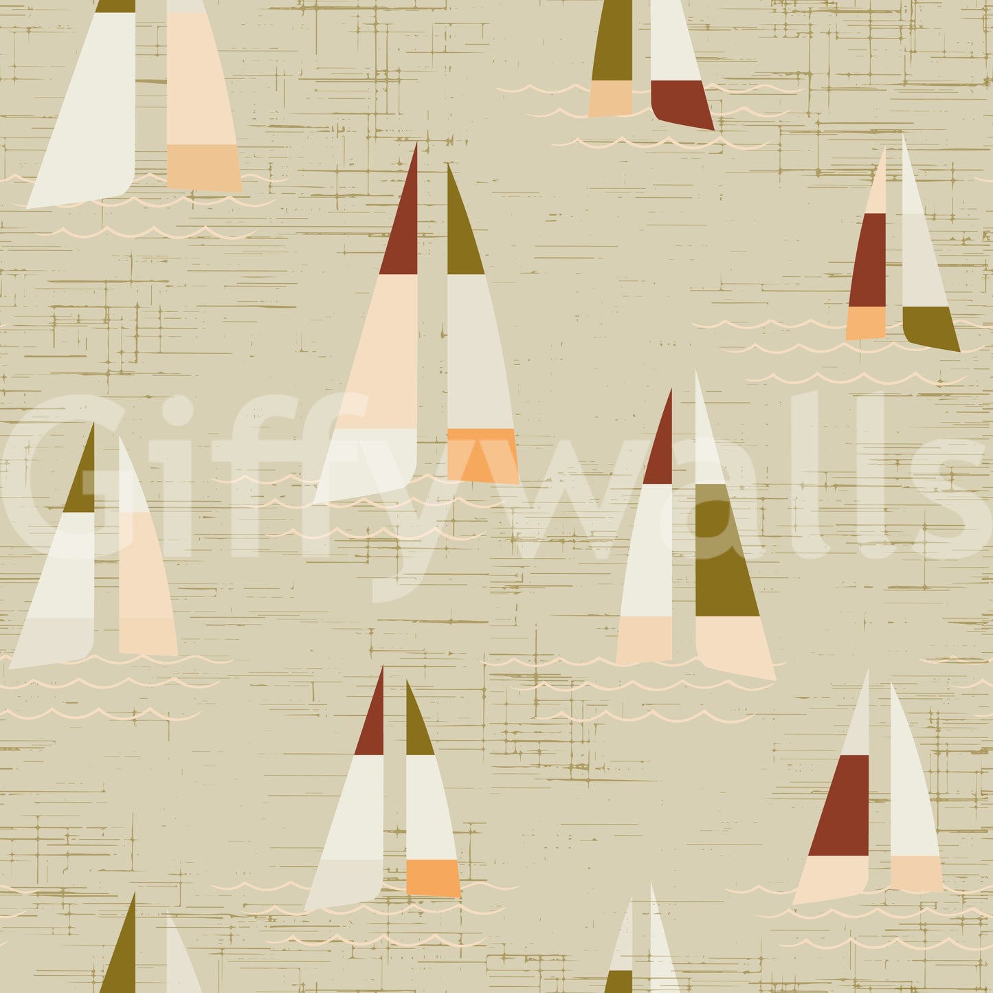 Sailboat triangles scatter at varied angles across the Coastal Cream wall mural.