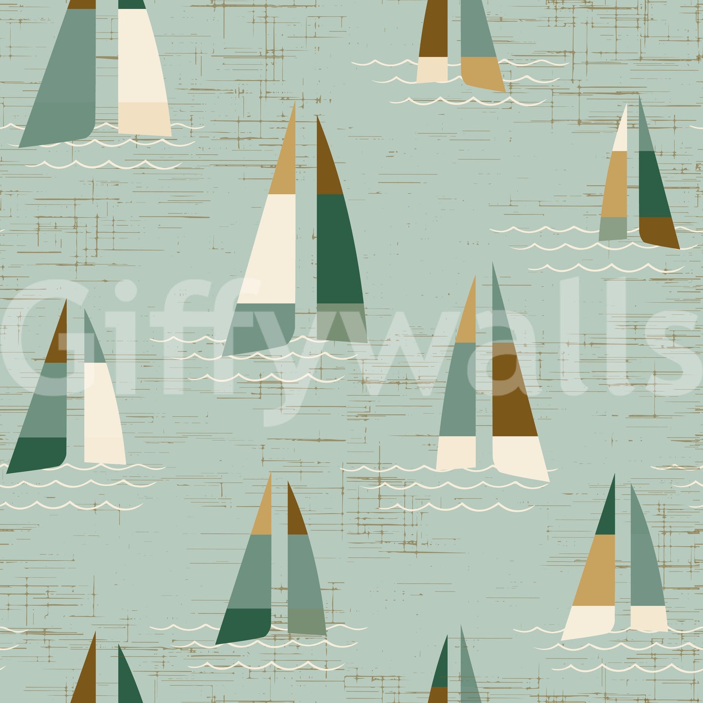 Vintage poster mood breathes life into this Mid Century Sailboats Coastal wall mural.