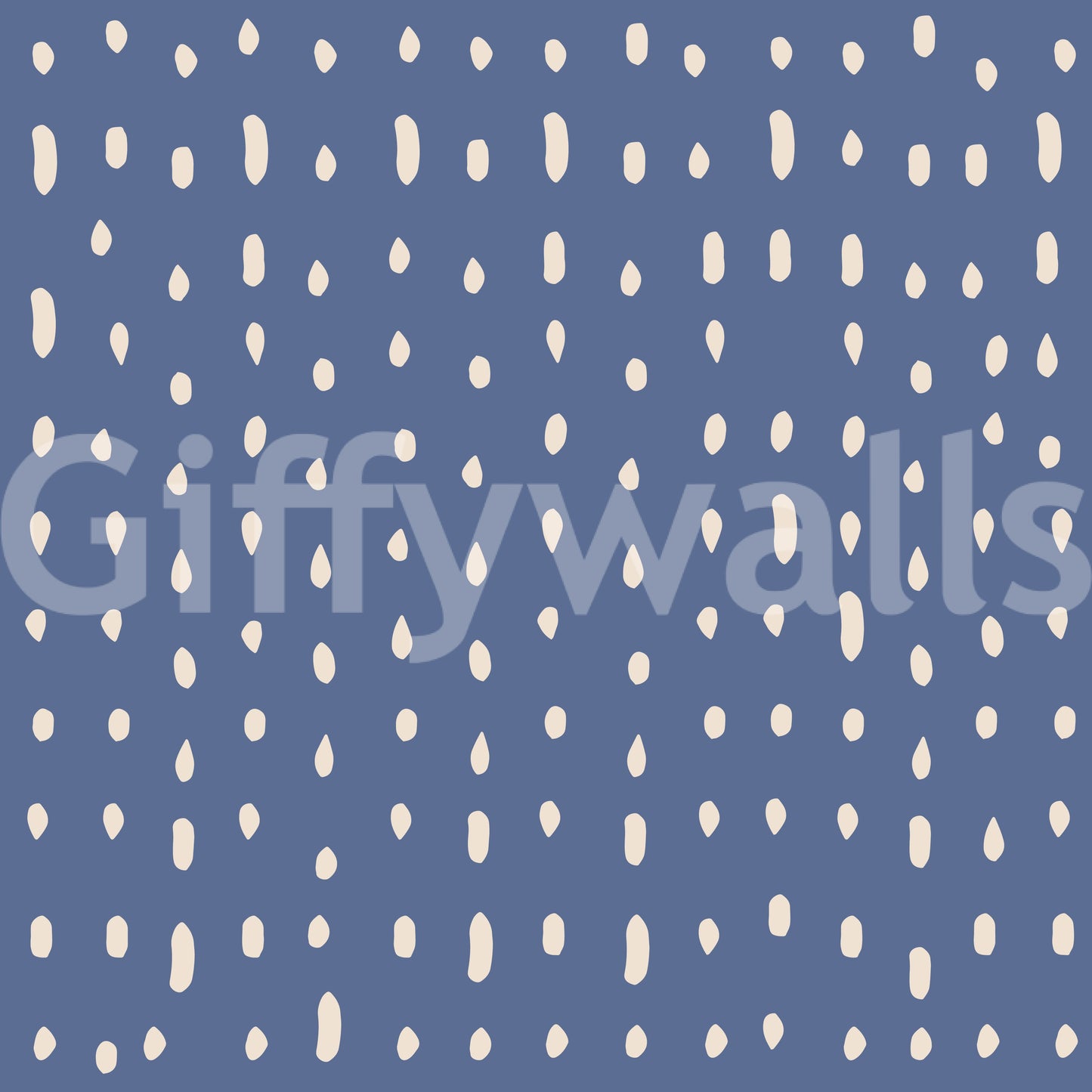 Seed-like droplets and ovals dance through a mid-century wall mural in dusty blue.