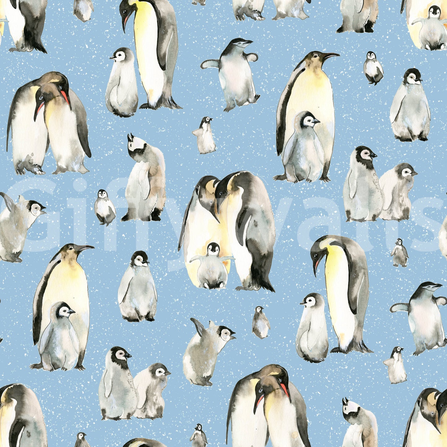 Brushed snow flecks scatter between the painted penguins on Penguin Family wallpaper.