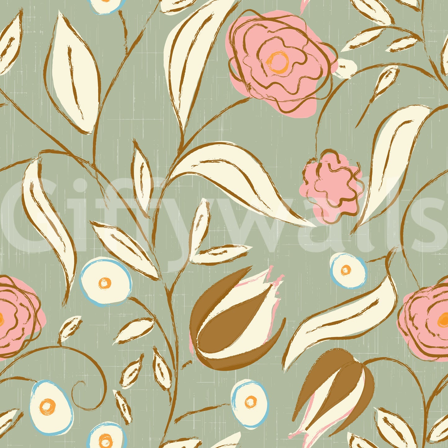 Salviegrøn Chintz Blomstret Tapet Vintage Botanisk Tapet