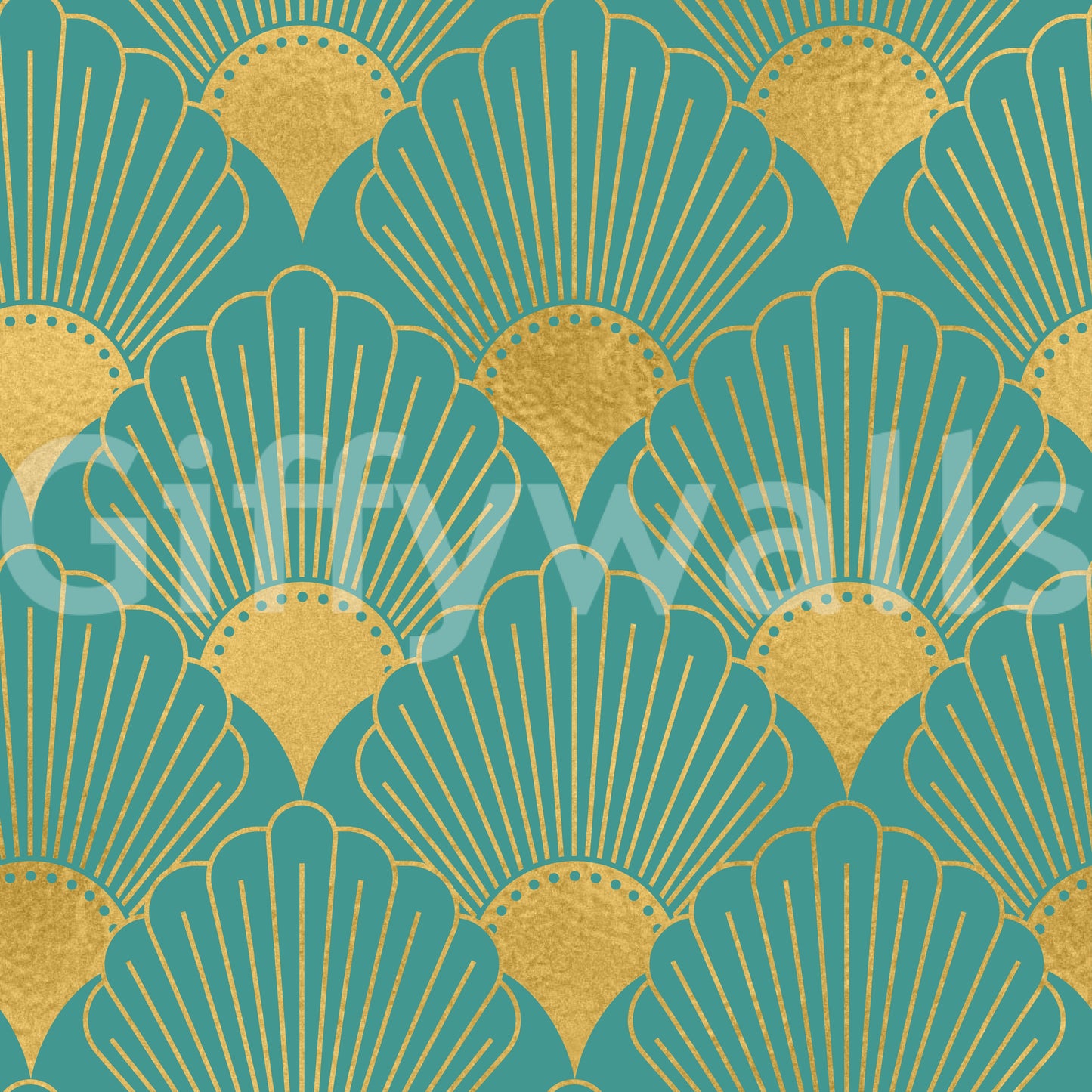 Glamorous Teal and Gold Fan Wall Décor Wallpaper