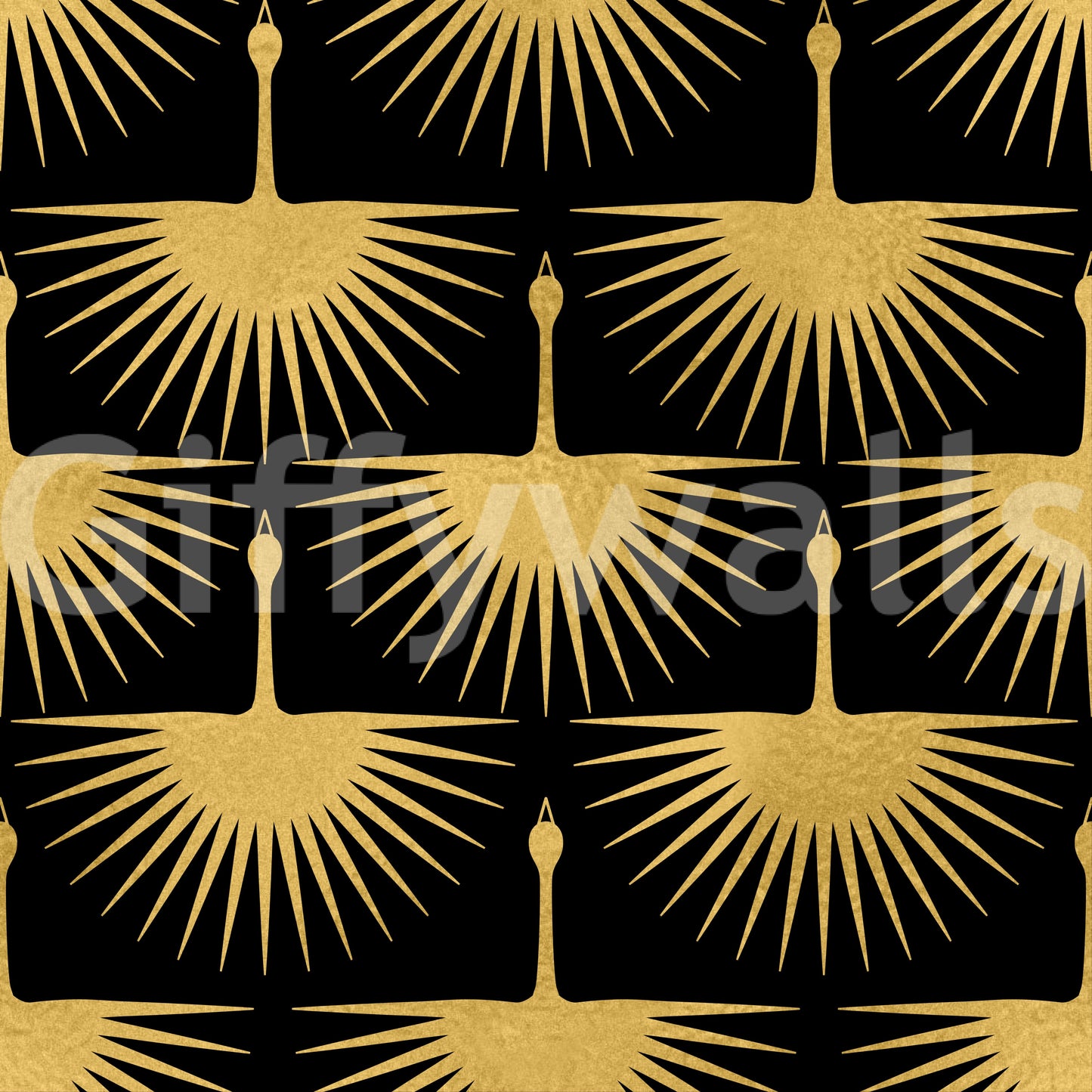 Structured pattern Black Gold Crane Art Deco Wallpaper elegant tone